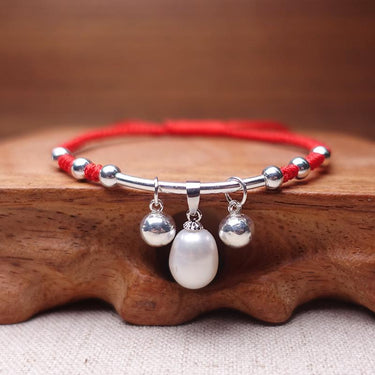 Water Drop PEARL & BELLS Sterling Silver Red Rope DIGNITY Bracelet